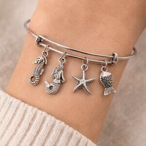 Beach Charm Bangle Bracelet Mermaid Seahorse Coastal Ocean Jewelry